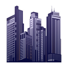Fototapeta premium Modern City Skyline Illustration Featuring Minimalist Skyscrapers in Deep Purple and Lavender Tones, Isolated on White Background for Urban Architectural Design Projects