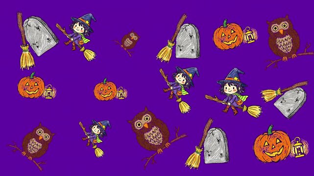 Cute Halloween Pattern Animation with Witch, Owl, Pumpkin, Tombstone, Broom