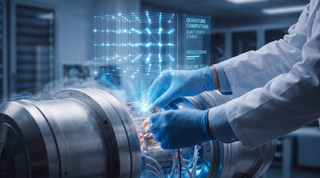 Scientist hands operating quantum computing cryostat with holographic qubit display in research lab