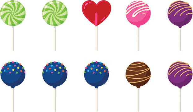 Colorful Cake Pop and Lollipop Candy Vector Set with Swirls Heart Shape and Star Sprinkles for Birthday Party Dessert Graphic Designs