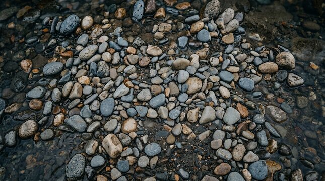 Close up of wet river stones and pebbles on the riverbed.