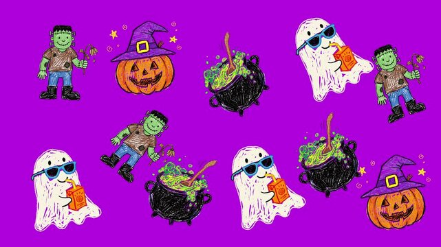 Cute Halloween Pattern Animated Seamless Loop Purple Background Zombiegreens Ghost Pumpkin