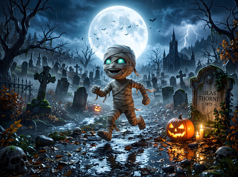 Cute Cartoon Mummy Running Through Spooky Graveyard at Night with Full Moon and Halloween Pumpkins