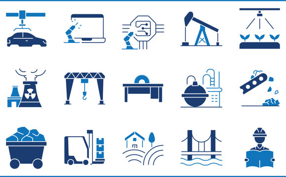 A set of icons related to Industry. Manufacture, oil, industry, automobile, port, conveyor, lumber, and so on