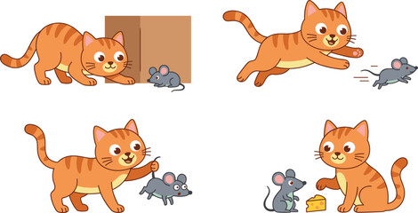 Obraz premium Cute Ginger Cat and Little Mouse Cartoon Vector Set with Playful Scenes of Chasing Catching and Sharing Cheese for Children Storybook Designs