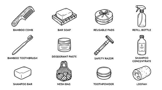 Eco-Friendly Bathroom Essentials: Bamboo Comb, Bar Soap, Refillable Bottle, Toothbrush