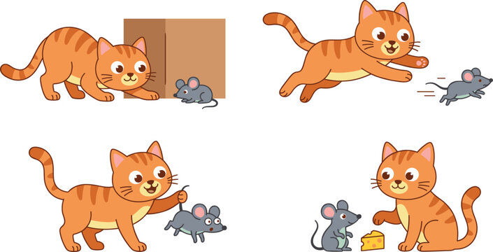 Cute Ginger Cat and Little Mouse Cartoon Vector Set with Playful Scenes of Chasing Catching and Sharing Cheese for Children Storybook Designs