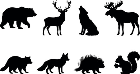 Naklejka premium Woodland Animal Silhouettes Collection Featuring Bears Deer Wolves and More