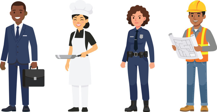 Diverse Profession Character Collection Set Featuring Businessman Chef Cook Police Officer and Construction Engineer Architect Flat Vector Illustration