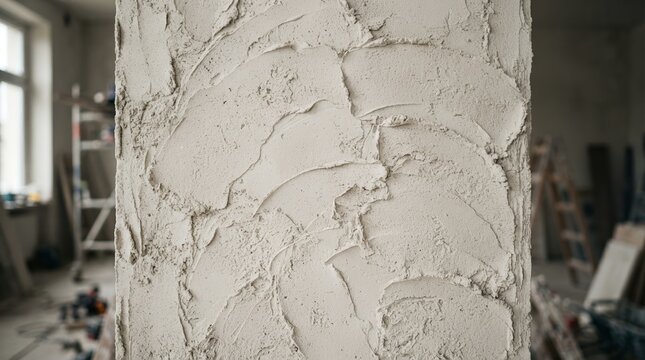 Rough plaster texture on a column in a room under renovation.
