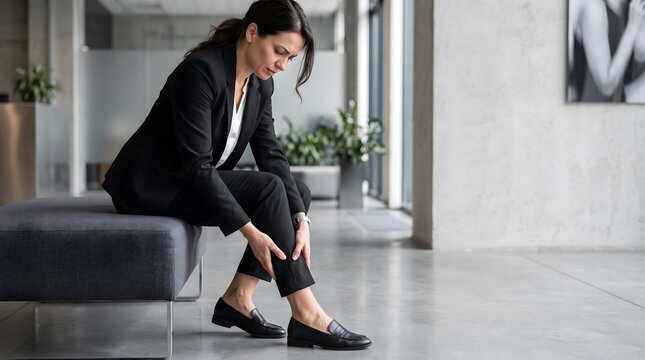 Businesswoman Suffering from Leg Pain in Modern Office