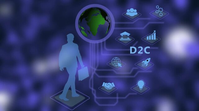 Digital transformation and d2c business strategy concept featuring a businessman silhouette with global brain network data connectivity, growth analytics, and modern corporate marketing