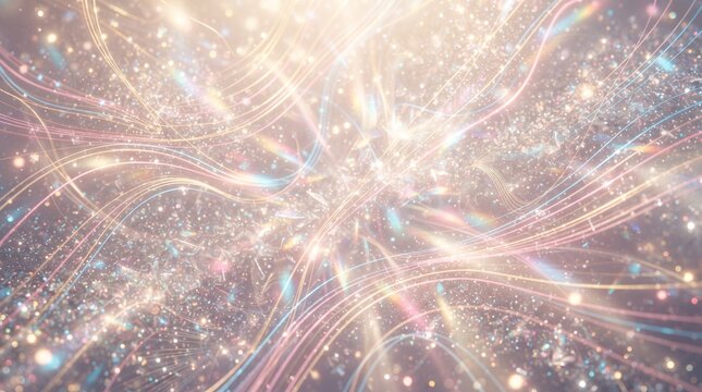 Ethereal glowing light trails and golden energy particles flowing through a bright cosmic digital background