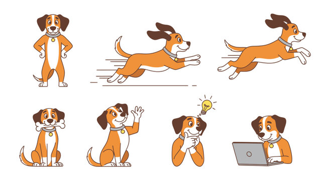 Beagle dog character illustrations in various active poses.