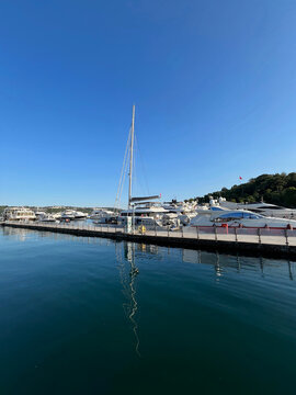 Boats moored in Istinye Marina (Istinye Boat Park) at Sariyer District in Istanbul, Turkey. It's located on the European side of the Istanbul Bosphorus.