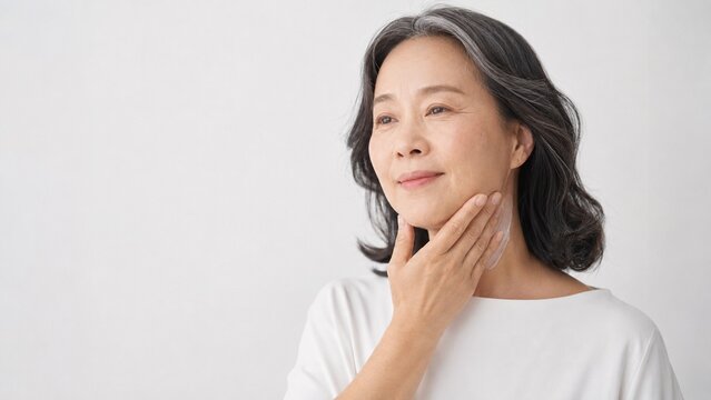 Korean mature woman applying face and neck cream touching jawline in anti aging beauty banner