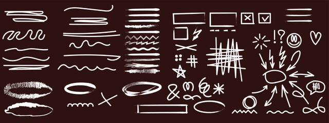White chalk pen doodle set with wavy lines, rectangular frames, and directional arrows for blackboard design, planning, and journal layout. Bright hand drawn underline strokes, speech bubble, smiley,  © Waseem