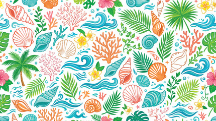 Tropical Summer Seamless Pattern Vector Background with Colorful Seashells, Coral Reefs, Ocean Waves, Hibiscus Flowers, and Palm Leaves for Textiles © NaomiRani