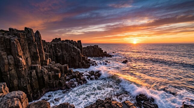 夕日に染まる東尋坊の断崖絶壁と日本海の絶景