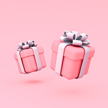 Minimal sweet cute pink present boxes tied with white ribbon bows or cute pink gift box isolated on pink pastel color background with shadow minimal creative idea concepts 3D rendering