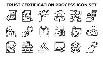 Fototapeta premium Trust certification process icons. Quality assurance and compliance vector symbol set.