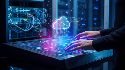 Fototapeta premium IT professional hands using futuristic control panel for cloud data migration in server room