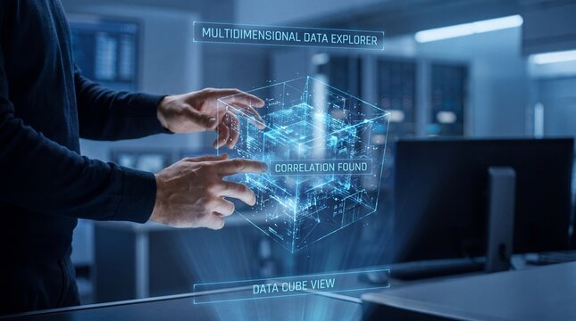 Researcher hands exploring multidimensional data explorer hologram in dark cyber lab