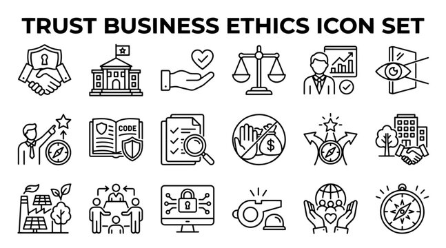 Business ethics and corporate trust icons. Professional compliance and integrity vector set.