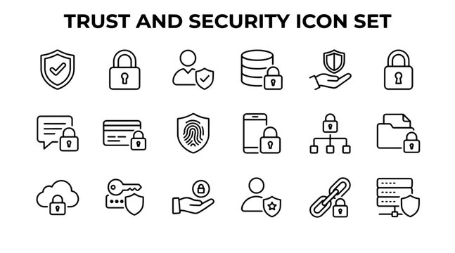 Trust and security icon set. Cyber protection symbols for digital data and web safety.