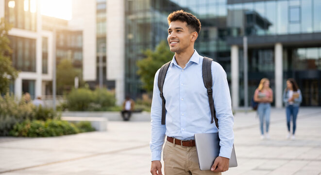 Confident young male student with backpack holding laptop on sunny modern university campus