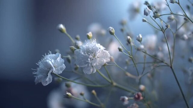 Delicate white baby breath flowers in soft blue light.