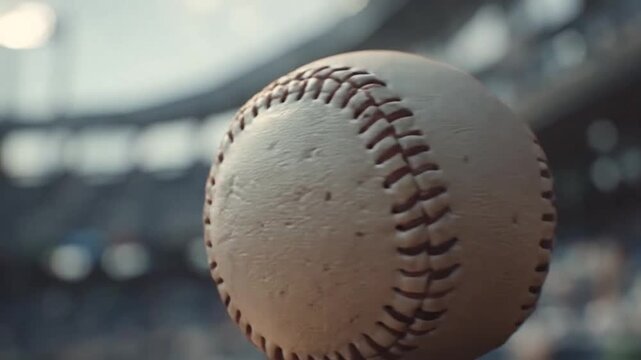 Close up shot of professional baseball on stadium background.