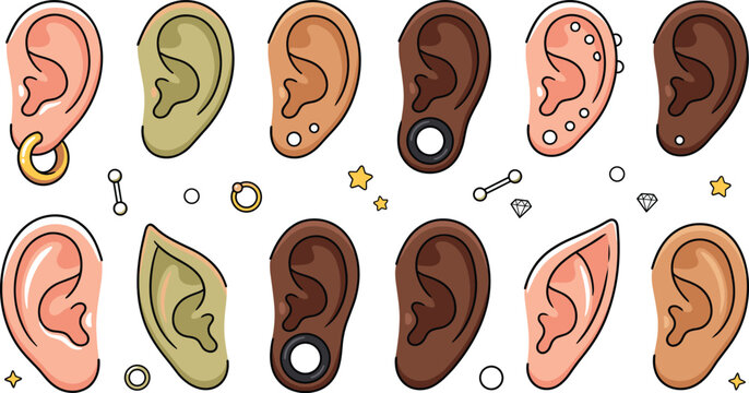 Human Ear Piercing Vector Icon Set Featuring Diverse Skin Tones Elf Ears Studs Hoops Barbells Gauges and Body Modification Jewelry Elements