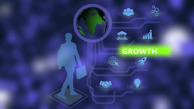 Digital business growth strategy concept featuring a businessman silhouette walking toward global innovation, brain intelligence, and corporate success in a modern tech network interface