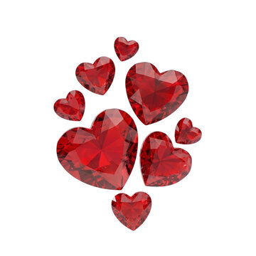 Shiny red ruby crystal gem hearts floating in elegant composition