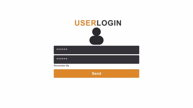 User Login Screen Animation Orange Dark UI Design with Person Icon, Username Password Typewriter Effect, 4K Motion Graphics Alpha Channel