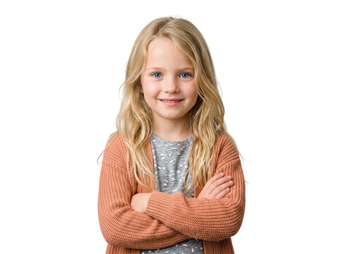 Happy Caucasian girl with blonde wavy hair posing in cozy cardigan
