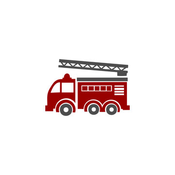 A red and grey vector icon depicting a fire truck with an extension ladder mounted on top, set against a plain white background.