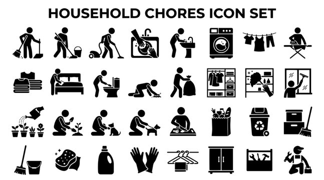 Household chores icon set. Cleaning and home maintenance vector symbols.