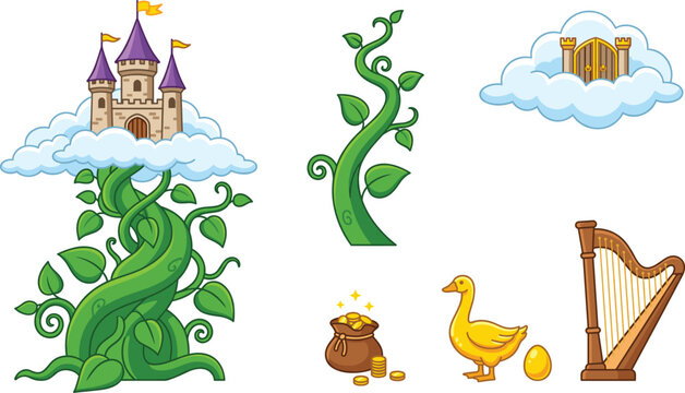 Jack and the Beanstalk Fairytale Vector Set Featuring Magic Beanstalk, Cloud Castle, Golden Goose, Harp, and Bag of Gold Coins