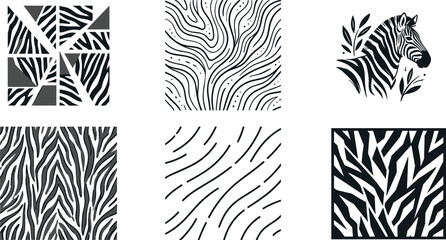 Zebra stripe pattern collection with abstract geometric shapes line art textures and safari animal portrait isolated on white background for textile fashion design © AdhinChandra