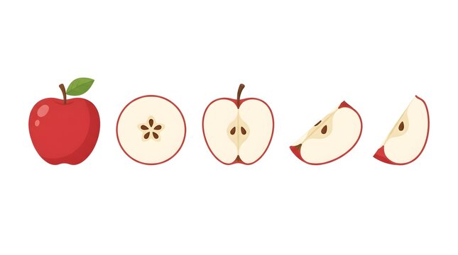 Flat vector illustration set of sweet red apples showing whole apple with green leaf, round slice, half cut, and quarter slices. Minimalist graphic elements isolated on white background for recipes