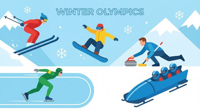 Winter Olympics sports collection with skiing snowboarding and bobsledding.