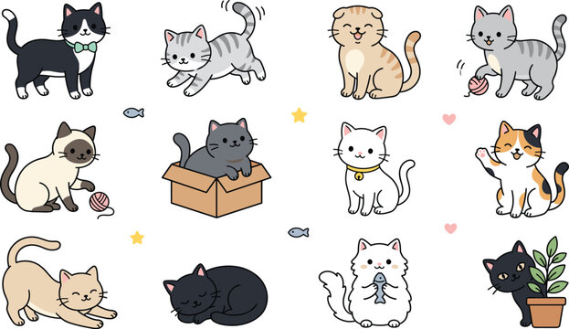 Kawaii Cat Vector Character Set with Adorable Kittens Hiding in Boxes Playing with Yarn and Sleeping for Creative Graphic Designs