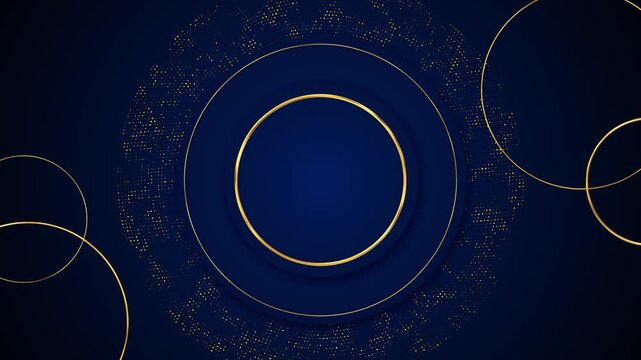 Elegant navy circles with gold outlines and dotted radial patterns create a refined luxury layout. Suitable for business titles, award presentations, premium branding, invitations, and event videos.