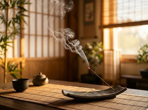 Zen incense smoke rising in a tranquil room with bamboo and tea set.