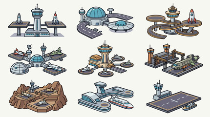 Retro Futuristic Airport and Spaceport Icons Set, Isometric Vector Illustrations of Control Towers, Rockets, Airplanes, UFOs, and Spaceships © Ari