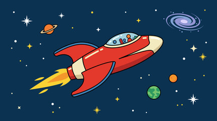 Retro Sci-Fi Spaceship Flying Through Starry Galaxy with Planets, Flat Design Illustration, Space Exploration Concept © Ari