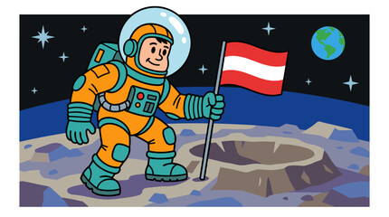 Atomic Age Astronaut Plants Flag on Moon Surface, Earth Visible in Starry Space Background, Retro Sci-Fi Vector Illustration © Ari