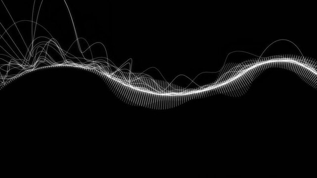 Abstract glowing white wave lines flowing on black background dynamic audio spectrum motion loop